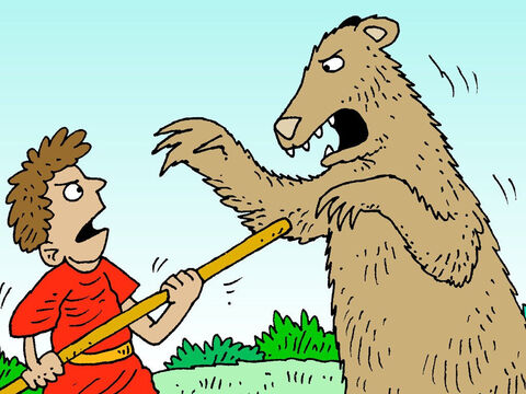 Anstatt wegzulaufen, rannte David auf den Bär zu. – Folie 12