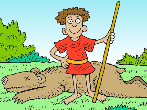 David lernte, darauf zu vertrauen, dass Gott ihm helfen würde, seine Schafe vor Löwen und Bären zu schützen. Deshalb vertraute er später gerne Gott und nahm es mit dem Philisterriesen Goliat auf, der Gottes Volk bedrohte. – Folie 15