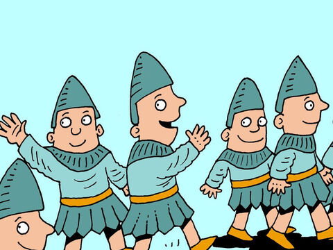 Als die Soldaten gegessen hatten und satt waren, wurde ihnen gesagt, sie könnten gehen. Sie gingen sofort und kamen nie zurück. – Folie 17