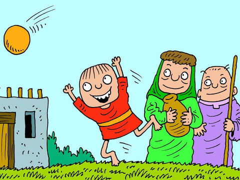 Gott hatte einer gütigen alten Frau und ihrem Mann einen Sohn geschenkt, genauso wie es der Prophet Elisa vorhergesagt hatte. Das Baby wuchs zu einem Jungen heran und erfüllte seine Mutter mit großer Freude. Dann, eines Tages, geschah etwas sehr Trauriges. – Folie 1