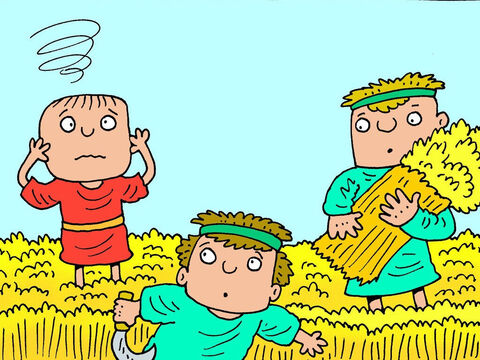 An jenem Tag ging der Junge am Morgen zu seinem Vater aufs Feld um ihm bei der Ernte zuzuschauen. Es war ein sehr heißer Tag, so heiß, dass der Junge sich begann unwohl zu fühlen. – Folie 2