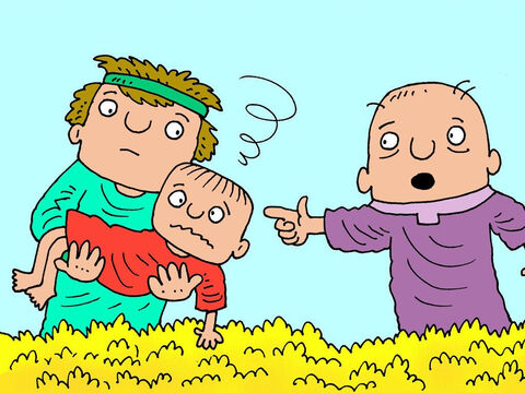 "Mein Kopf! Mein Kopf!" rief der Junge und fiel zu Boden. Sein Vater stand in der Nähe und befahl seinem Knecht: "Bring ihn zu seiner Mutter!" – Folie 3