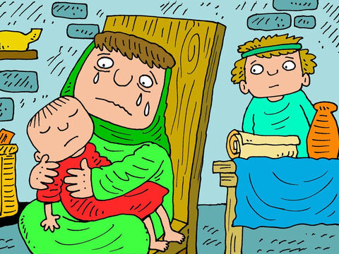 Seine Mutter nahm ihn auf den Schoß und pflegte ihn bis zum Abend. Dann starb der Junge. Sie erschrak und war sehr traurig. Das Kind, nach dem sie sich so sehr gesehnt hatte, war nun tot. – Folie 4