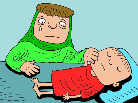 Aber die Frau lehnte es ab, aufzugeben. Sie nahm den toten Körper ihres Sohnes und brachte ihn in den Raum des Propheten auf dem Dach ihres Hauses. Dort legte sie ihn auf das Bett des Propheten. – Folie 5