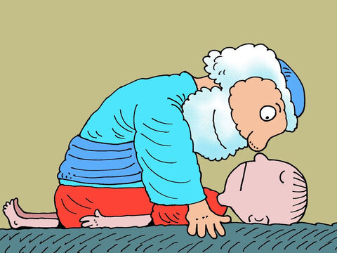 Elisa legte sich auf den toten Jungen. Auf wundersame Weise begann der kalte Körper des Jungen warm zu werden. – Folie 17