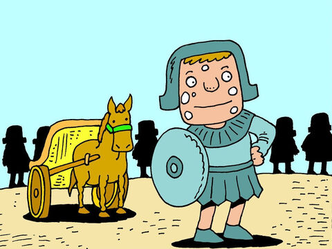 Als Naaman von Elisa hörte, zog er seine schönste Uniform an, stieg in seinen Streitwagen und ritt mit seinen Truppen zu Elisas Haus. – Folie 12