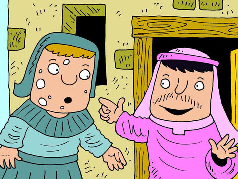 Schließlich öffnete sich die Tür. Es war nicht Elisa, sondern sein Diener Gehasi, der herauskam, um mit Naaman zu sprechen. „Elisa sagt: Geh und wasche dich siebenmal im Jordan, dann wirst du rein.“ – Folie 14