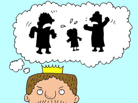 Der König war angewidert und verärgert. Was für eine schreckliche Situation. Die Leute streiten sich darüber, wen sie als nächstes essen sollen. – Folie 11