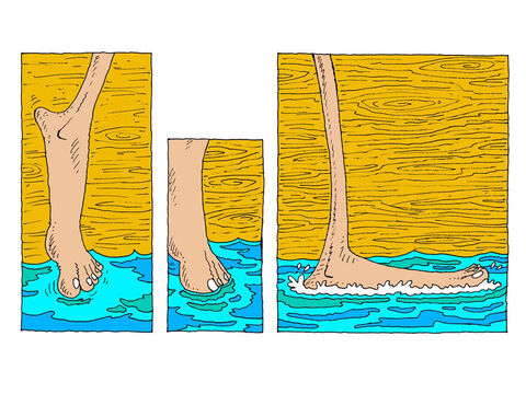 Seine Zehen berühren das Wasser. Es ist kalt und nass, genau wie echtes Wasser. Er setzt seinen Fuß auf das Meer. Er steht jetzt auf dem Wasser. – Folie 18