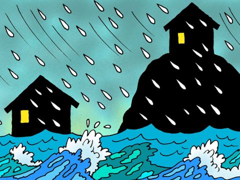 Dann kam ein schrecklicher Sturm. Es regnete heftig, der Wind blies und das Wasser stieg. – Folie 5