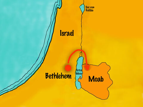 Sie reisten in das nahegelegene Land Moab und ließen sich dort nieder. Die Moabiter beteten nicht Gott an, sondern ihre eigenen Götzen. – Folie 2