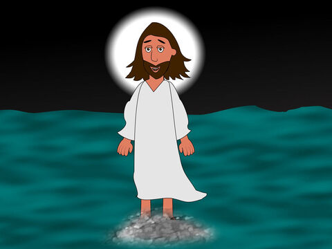 Er lief auf dem Wasser auf sie zu. Die Jünger hatten große Angst, aber Jesus sagte: „Seid mutig! Ich bin es, habt keine Angst!” – Folie 6