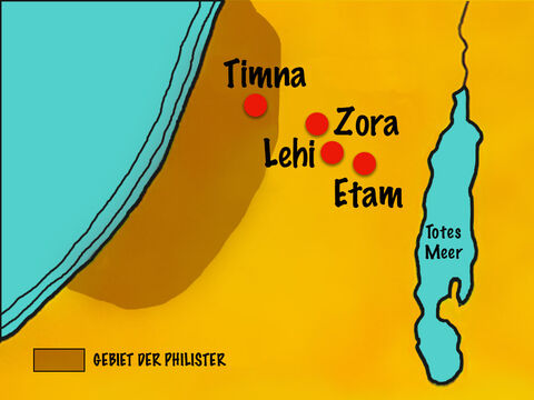 Die Philister rächten sich, indem sie ihr Lager in Juda aufschlugen und sich bei Lehi ausbreiteten. – Folie 7