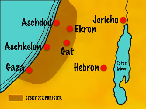 Gott erlaubte, dass sie 40 Jahre lang den Philistern untertan waren. Die Philister lebten entlang der südlichen Küste und hatten fünf große Städte: Gaza, Aschkelon, Gat, Ekron und Aschdod. – Folie 2