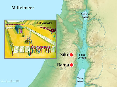 Elkana lebte in Rama. Jedes Jahr reisten er und seine Familie nach Silo, um Gott bei der Stiftshütte anzubeten. – Folie 3