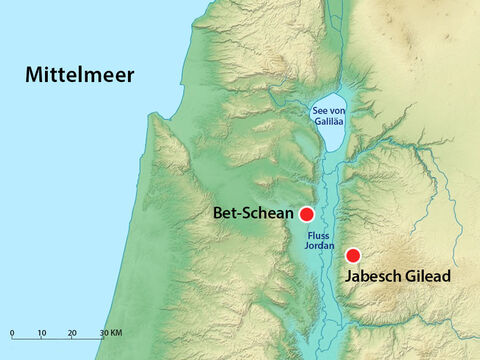 Als die Israelten, die in Jabesch wohnten, davon hörten, gingen einige ihrer tapfersten Männer nach Bet-Schean und nahmen ihre Körper ab. – Folie 13