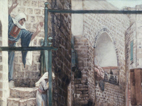 Ein Gastwirt bot ihnen Unterschlupf in einem Stall an.<br/>(Lukas 2,7).<br/>Josef sucht eine Unterkunft in Bethlehem – James Tissot – Brooklyn Museum. – Folie 14