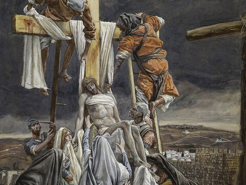 Josef und Nikodemus nahmen den Leichnam Jesu vom Kreuz.<br/>(Johannes 19,40).<br/>Die Kreuzabnahme Jesu – James Tissot – Brooklyn Museum. – Folie 4