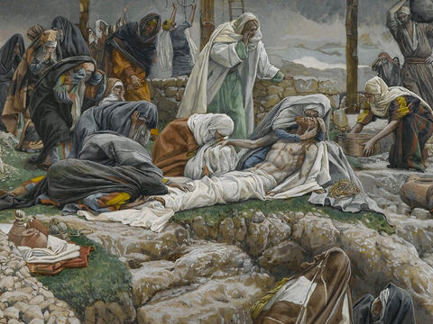 Sie wickelten den Leichnam Jesu in ein sauberes Leinentuch.<br/>(Johannes 19,40).<br/>Maria empfängt den Leichnam Jesu – James Tissot – Brooklyn Museum. – Folie 5