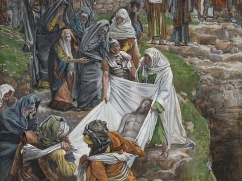 Die von Nikodemus mitgebrachten Gewürze wurden in das Leinentuch gelegt und um den Körper Jesu herum gewickelt.<br/>(Johannes 19,40).<br/>Der Leichnam Jesu wird zum Salbungsstein getragen – James Tissot – Brooklyn Museum. – Folie 6