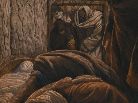 Da es der jüdische Rüsttag war und das Grab in der Nähe war, legten sie Jesus dort hinein.<br/>(Johannes 19,42).<br/>Jesus im Grab – James Tissot – Brooklyn Museum. – Folie 9