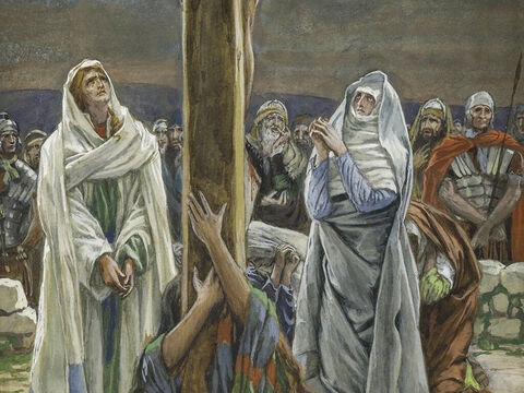 Und zu Johannes sagte Jesus: „Siehe, deine Mutter.“ Von da an nahm Johannes Maria in sein Haus und kümmerte sich um sie.<br/>(Johannes 19,27).<br/>Frau, siehe deinen Sohn – James Tissot – Brooklyn Museum. – Folie 4