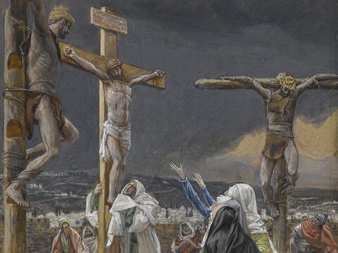 Als Jesus das Getränk erhalten hatte, sagte er: „Es ist vollbracht.“ Dann neigte er sein Haupt und gab seinen Geist auf.<br/>(Johannes 19,29).<br/>Der Tod Jesu – James Tissot – Brooklyn Museum. – Folie 8