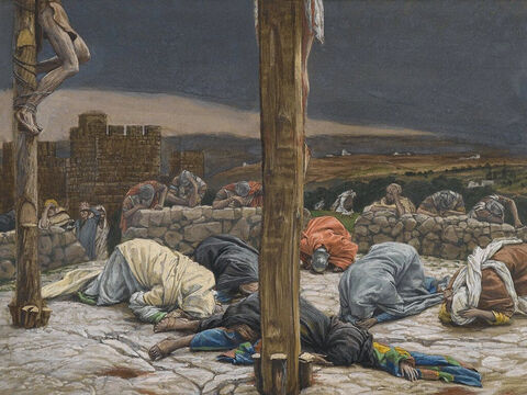 In diesem Moment riss der Vorhang des Tempels von oben bis unten in zwei Teile. Die Erde bebte, die Felsen splitterten und die Gräber öffneten sich.<br/>(Matthäus 27,51).<br/>Das Erdbeben – James Tissot – Brooklyn Museum. – Folie 11