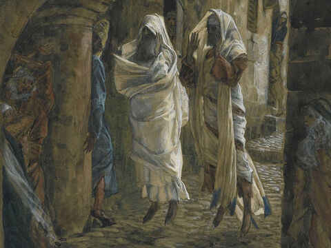 Die Körper vieler verstorbener heiliger Menschen wurden zum Leben erweckt.<br/>(Matthäus 27,52).<br/>Die Toten erscheinen in Jerusalem – James Tissot – Brooklyn Museum. – Folie 12