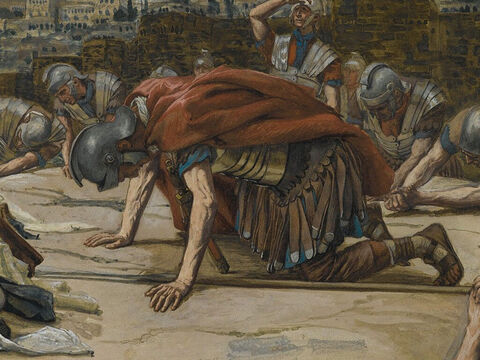 Und als der Hauptmann, der dort vor dem Kreuz stand, sah, wie Jesus gestorben war, sagte er: „Dieser Mann war doch der Sohn Gottes!“<br/>(Markus 15,39).<br/>Das Geständnis des Hauptmanns – James Tissot – Brooklyn Museum. – Folie 16