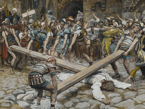 Die römischen Soldaten zwangen Simon von Kyrene, das Kreuz Jesu hinter ihm zu tragen.<br/>(Matthäus 27,32; Markus 15,21).<br/>Simon von Kyrene musste mit Jesus das Kreuz tragen – James Tissot – Brooklyn Museum. – Folie 6