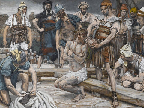 Die Soldaten gaben Jesus Wein mit bitterer Galle, aber als er davon probiert hatte, weigerte er sich, ihn zu trinken.<br/>(Matthäus 27,34).<br/>Der Krug mit Myrrhe und Galle – James Tissot – Brooklyn Museum. – Folie 11