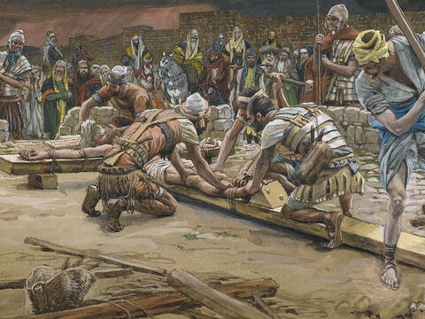 Sie nagelten seine Füße ans Kreuz.<br/>(Lukas 23,32).<br/>Der Nagel für die Füße – James Tissot – Brooklyn Museum. – Folie 13