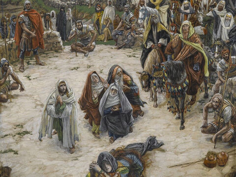 In der Nähe des Kreuzes Jesu standen seine Mutter, die Schwester seiner Mutter, Maria, die Frau des Kleopas, und Maria Magdalena.<br/>(Johannes 19,25).<br/>Was unser Herr vom Kreuz sah – James Tissot – Brooklyn Museum. – Folie 20