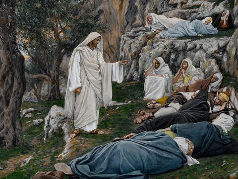 Im Garten Gethsemane sagt Jesus zu seinen Jüngern: „Setzt euch hier hin, während ich dort hinübergehe und bete.“ Er nimmt Petrus, Jakobus und Johannes mit.<br/>(Matthäus 26,36-37; Markus 14,32-33; Lukas 22,40).<br/>Jesus befiehlt den Aposteln auszuruhen – James Tissot – Brooklyn Museum. – Folie 2