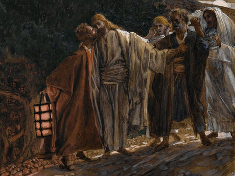 Während Jesus spricht, kommt Judas mit einer großen Menschenmenge, bewaffnet mit Schwertern und Keulen, die von den Hohenpriestern und den Ältesten des Volkes gesandt wurden. Judas hat mit ihnen ein Zeichen vereinbart: „Der, den ich küsse, ist Jesus – ihn verhaftet.“ Judas geht zu Jesus und sagt: „Gegrüßt seist du, Rabbi!“ Anschließend begrüßt er Jesus mit einem Kuss.<br/>(Matthäus 26,48-49; Markus 14,43-45; Lukas 22,48).<br/>Der Kuss des Judas – James Tissot – Brooklyn Museum. – Folie 7