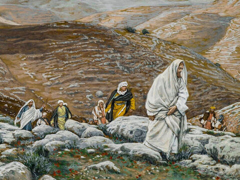 Jesus und seine Jünger steigen in Richtung Betfage auf den Ölberg.<br/>(Matthäus 21,1, Markus 11,1).<br/>Als das Passa naht, geht Jesus nach Jerusalem – James Tissot – Brooklyn Museum. – Folie 1