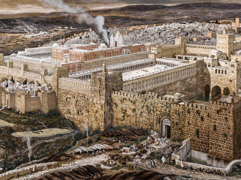 Die Prozession zieht vom Ölberg in Richtung Jerusalem.<br/>(Lukas 19,37).<br/>Rekonstruktion Jerusalems und des Tempels des Herodes – James Tissot – Brooklyn Museum. – Folie 5