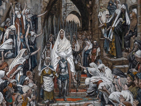 Jesus zieht in Jerusalem ein. Die ganze Stadt ist aufgewühlt und fragt: „Wer ist das?“<br/>Die Menge antwortet: „Das ist Jesus, der Prophet aus Nazareth in Galiläa.“<br/>(Matthäus 21,10-11).<br/>Die Prozession in den Straßen Jerusalems – James Tissot – Brooklyn Museum. – Folie 7