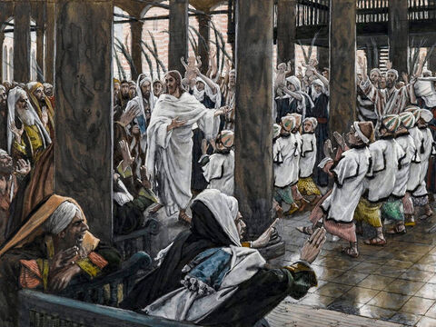 Jesus betritt den Tempelhof.<br/>(Markus 11,11).<br/>Die Prozession im Tempel – James Tissot – Brooklyn Museum. – Folie 9