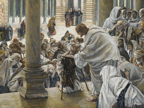 Blinde und Lahme kommen zu Jesus im Tempel und er heilt sie.<br/>(Matthäus 21,14).<br/>Jesus heilt Blinde und Lahme im Tempel – James Tissot – Brooklyn Museum. – Folie 12