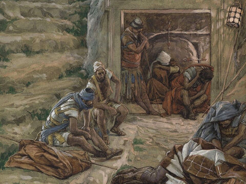 Es war früh am Morgen am dritten Tag, seit Jesus gekreuzigt und in einem Grab begraben worden war. Das Grab wurde von Soldaten bewacht.<br/>(Matthäus 28,1).<br/>Die Wache vor dem Grab – James Tissot – Brooklyn Museum. – Folie 1