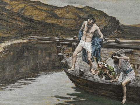 Johannes sagte zu Petrus: „Es ist der Herr!“ Petrus zog sofort sein Obergewand an, sprang ins Wasser und schwamm zu Jesus. Die Jünger folgten ihm im Boot.<br/>(Johannes 21,7-8).<br/>Petrus wird von Johannes auf die Gegenwart des Herrn aufmerksam gemacht – James Tissot – Brooklyn Museum. – Folie 16