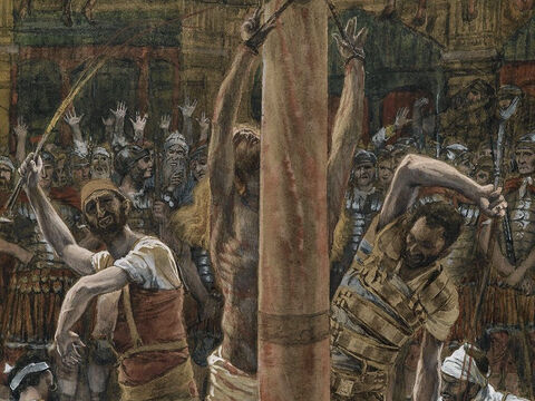 Dann ließ Pilatus ihnen Barabbas frei und ließ Jesus auspeitschen.<br/>(Matthäus 27,26).<br/>Die Geißelung auf dem Rücken – James Tissot – Brooklyn Museum. – Folie 13