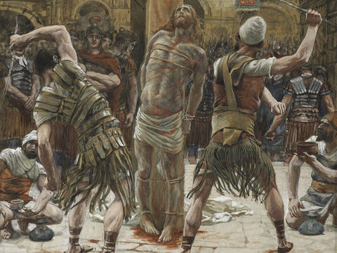 Die verwendete Peitsche hatte Bleiriemen.<br/>(Lukas 23,16).<br/>Die Geißelung von vorne – James Tissot – Brooklyn Museum. – Folie 14