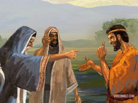 Sie fragten ihn: „Wer bist du dann? Bist du Elia?“<br/>Er sagte: „Ich bin es nicht.“<br/>„Bist du der Prophet?“<br/>Er antwortete: „Nein.“<br/>Schließlich sagten sie: „Wer bist du? Gib uns eine Antwort, die wir denen geben können, die uns gesandt haben. Was sagst du über dich?“ – Folie 10