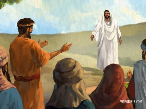 Am nächsten Tag sah Johannes Jesus auf sich zukommen und sagte: „Seht, das Lamm Gottes, das die Sünde der Welt hinwegnimmt! Ihn meinte ich, als ich sagte: Ein Mensch, der nach mir kommt, ist vor mir gewesen, denn er war eher als ich. Ich selbst kannte ihn nicht, aber ich kam und taufte mit Wasser, damit er Israel offenbart würde.“ – Folie 13