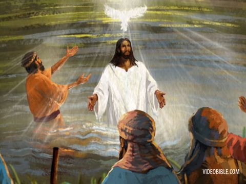 Dann gab Johannes folgendes Zeugnis: „Ich sah den Geist wie eine Taube vom Himmel herabsteigen und auf ihm bleiben. Ich selbst kannte ihn nicht, aber der mich gesandt hatte, mit Wasser zu taufen, sagte zu mir: „Auf wen du den Geist herabsteigen und auf ihm bleiben siehst, der wird mit dem Heiligen Geist taufen.” Ich habe es gesehen und bezeuge, dass dieser der Auserwählte Gottes ist.“ – Folie 14