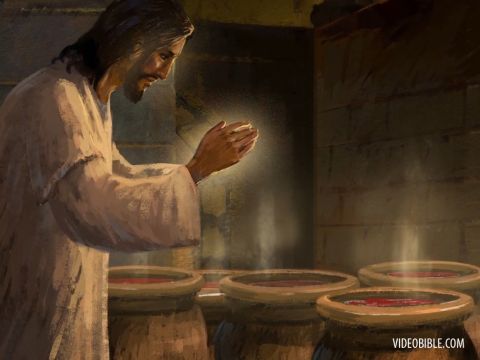 Was Jesus hier in Kana in Galiläa tat, war das erste Zeichen, durch das er seine Herrlichkeit offenbarte. Und seine Jünger glaubten an ihn. – Folie 8