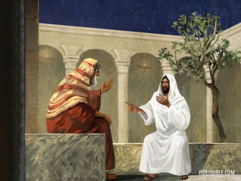 Er kam nachts zu Jesus und sagte: „Rabbi, wir wissen, dass du ein Lehrer bist, der von Gott gekommen ist. Denn niemand könnte die Zeichen tun, die du tust, wenn Gott nicht mit ihm wäre.“ – Folie 2